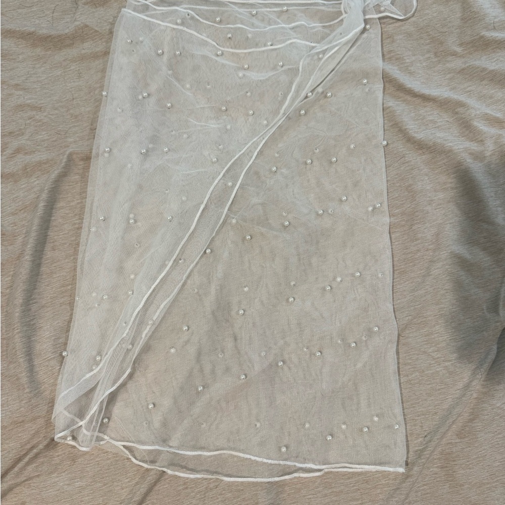 Elegant Sheer White Pearl-Embellished Scarf